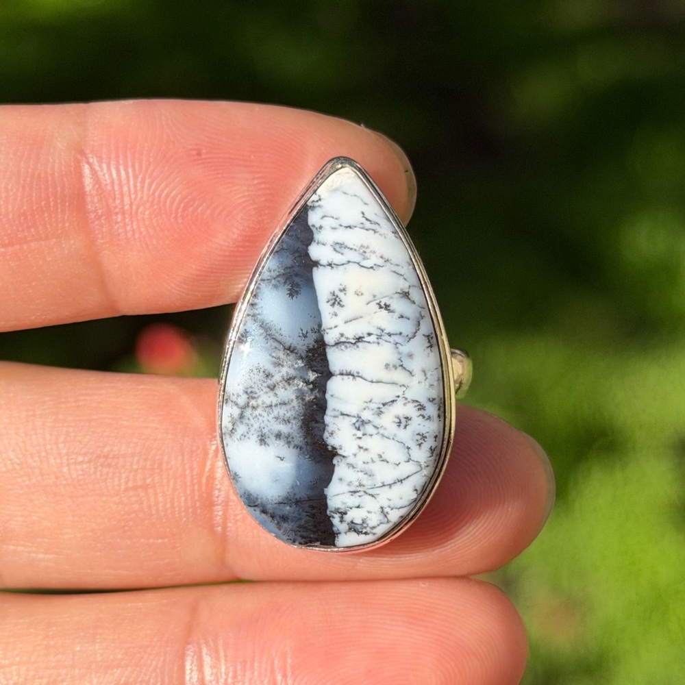Size 8 925 silver plated dendritic‎ opal ring 0777